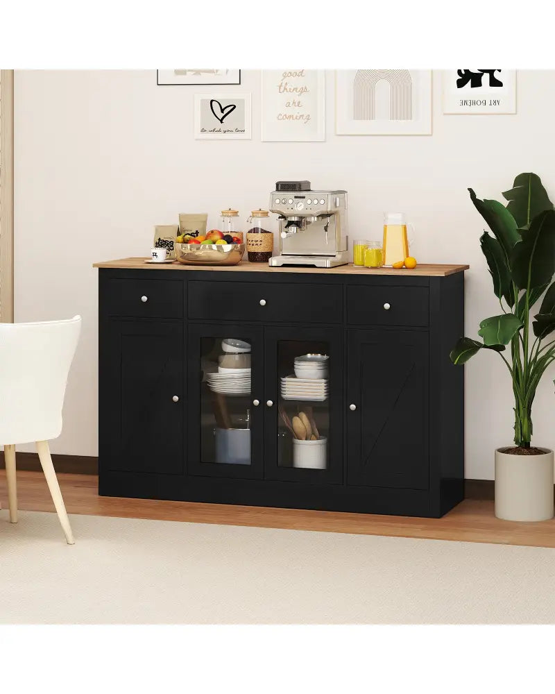 55’’ Large Buffet Sideboard Kitchen Storage Cabinet with 3 Drawers 2 See-through Doors Adjustable Shelves Wine Bar