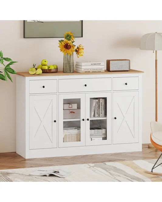 55’’ Large Buffet Sideboard Kitchen Storage Cabinet with 3 Drawers 2 See-through Doors Adjustable Shelves Wine Bar