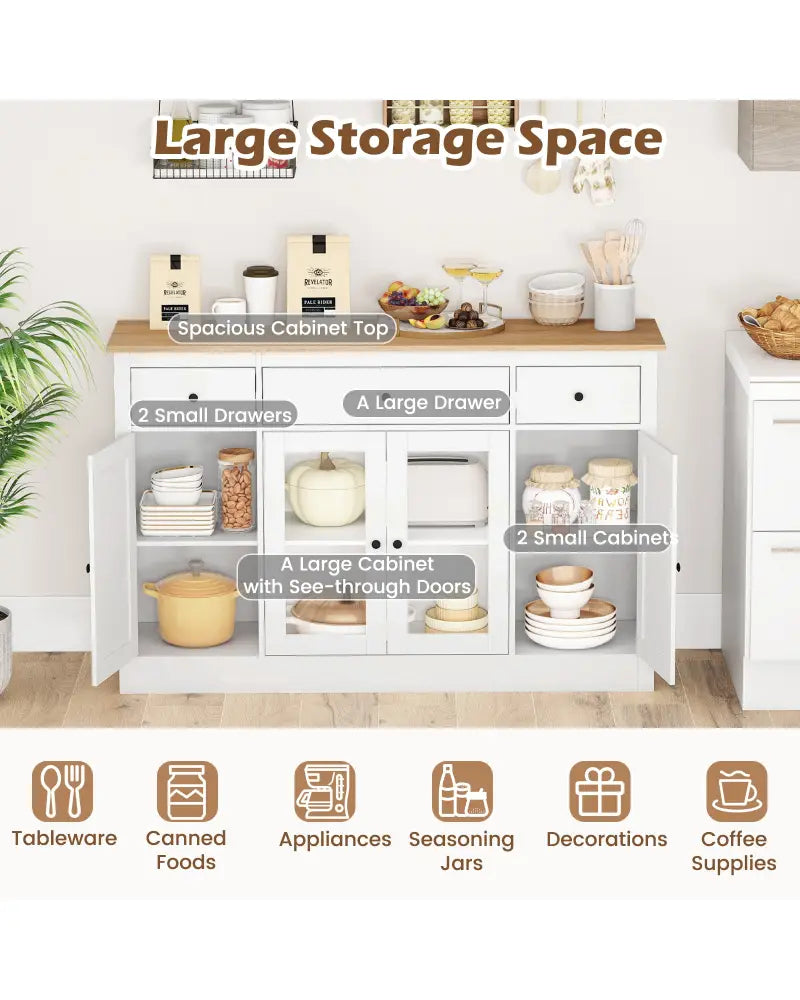 55’’ Large Buffet Sideboard Kitchen Storage Cabinet with 3 Drawers 2 See-through Doors Adjustable Shelves Wine Bar