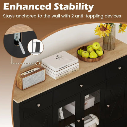 55" Large Buffet Sideboard Kitchen Storage Cabinet with 3 Drawers 2 See-through Doors Adjustable Shelves Wine Bar Table-Black Costway