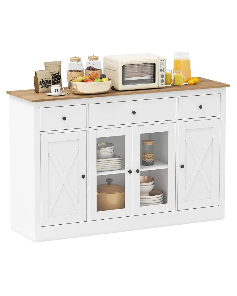 55’’ Large Buffet Sideboard Kitchen Storage Cabinet with 3 Drawers 2 See-through Doors Adjustable Shelves Wine Bar