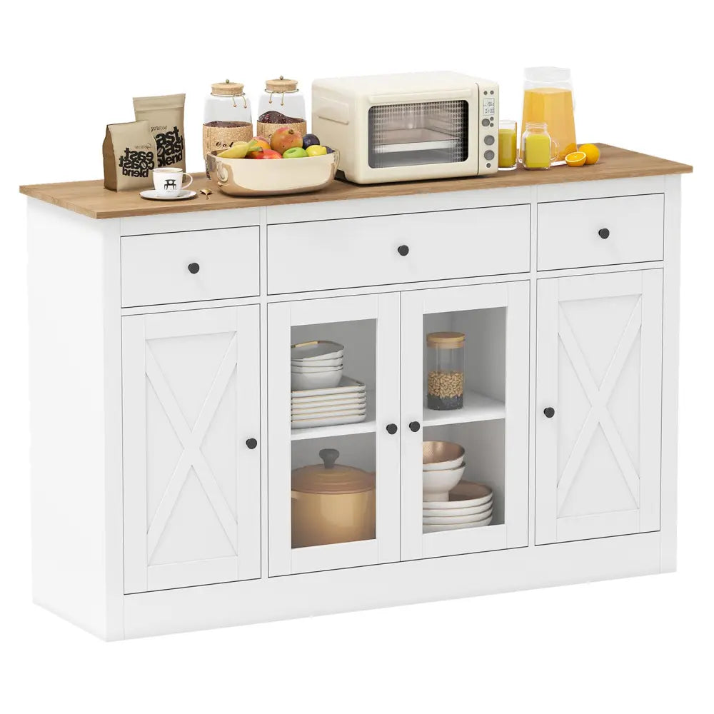 55’’ Large Buffet Sideboard Kitchen Storage Cabinet with 3 Drawers 2 See-through Doors Adjustable Shelves Wine Bar