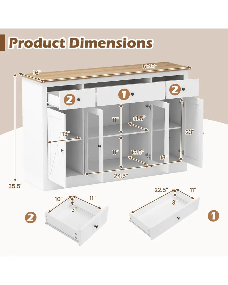 55’’ Large Buffet Sideboard Kitchen Storage Cabinet with 3 Drawers 2 See-through Doors Adjustable Shelves Wine Bar