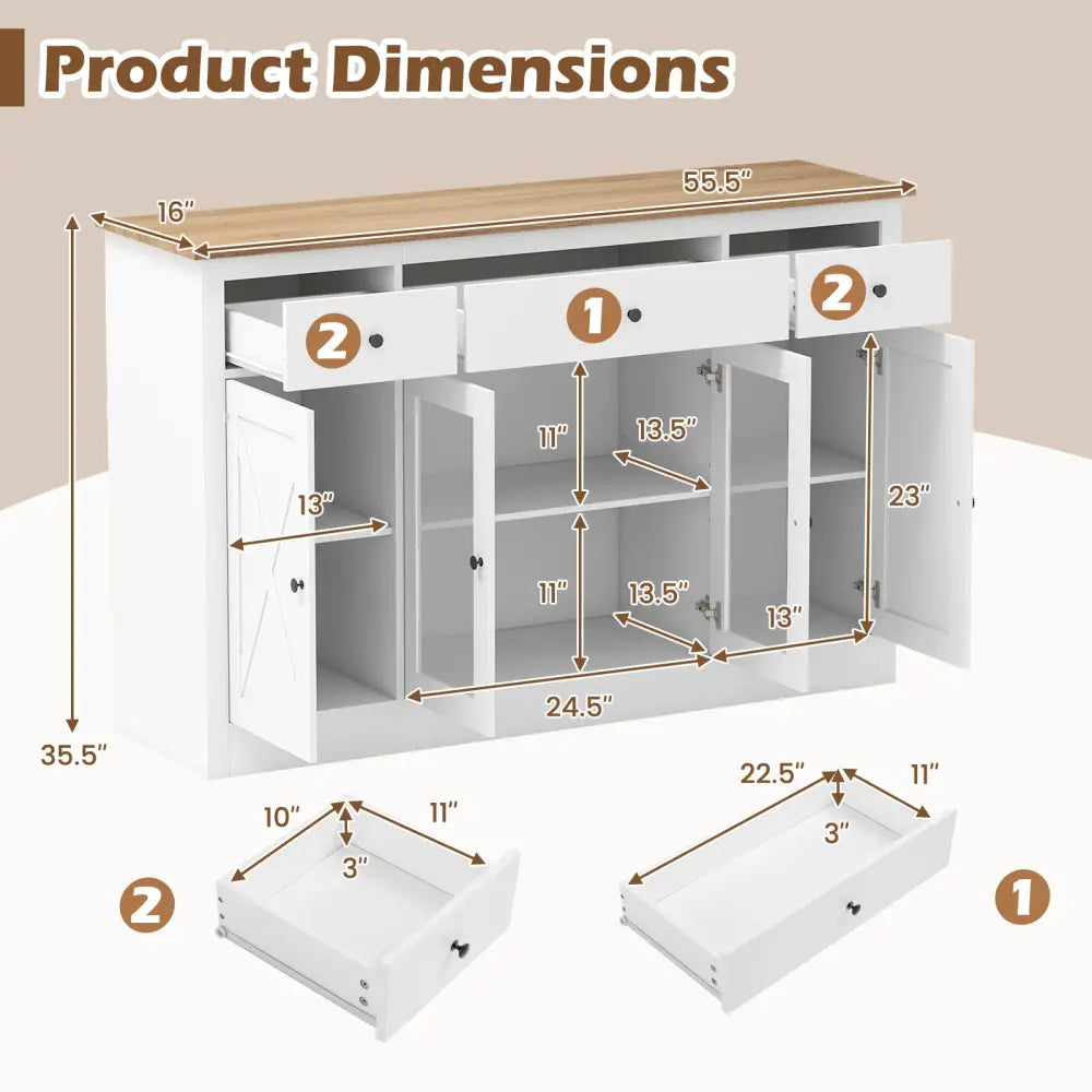 55’’ Large Buffet Sideboard Kitchen Storage Cabinet with 3 Drawers 2 See-through Doors Adjustable Shelves Wine Bar
