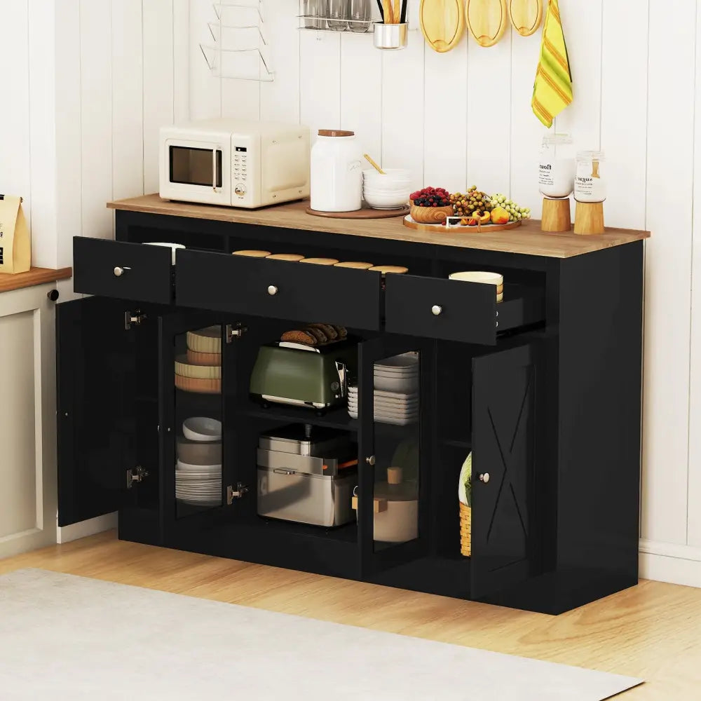 55’’ Large Buffet Sideboard Kitchen Storage Cabinet with 3 Drawers 2 See-through Doors Adjustable Shelves Wine Bar