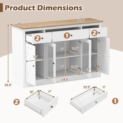55" Large Buffet Sideboard Kitchen Storage Cabinet with 3 Drawers 2 See-through Doors Adjustable Shelves Wine Bar Table-White Costway