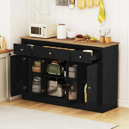 55" Large Buffet Sideboard Kitchen Storage Cabinet with 3 Drawers 2 See-through Doors Adjustable Shelves Wine Bar Table-Black Costway