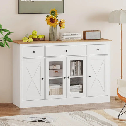 55" Large Buffet Sideboard Kitchen Storage Cabinet with 3 Drawers 2 See-through Doors Adjustable Shelves Wine Bar Table-White Costway