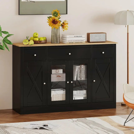 55" Large Buffet Sideboard Kitchen Storage Cabinet with 3 Drawers 2 See-through Doors Adjustable Shelves Wine Bar Table-Black Costway