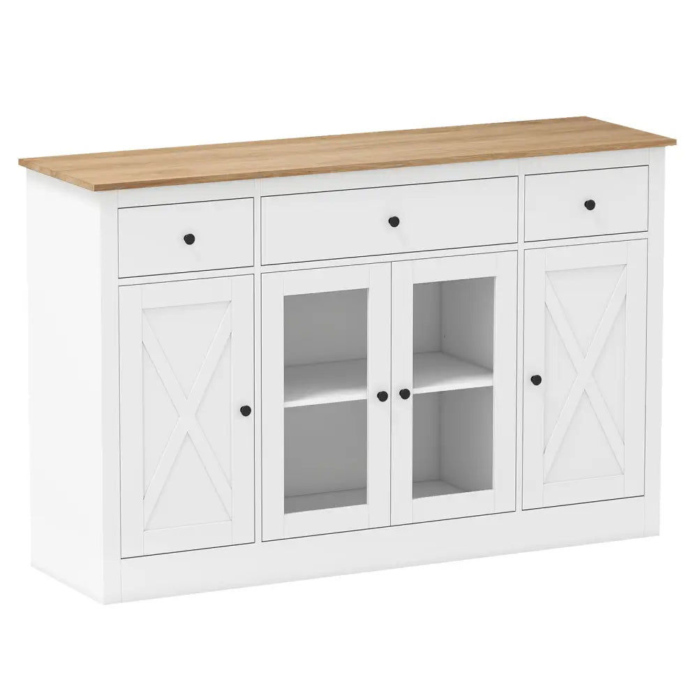55’’ Large Buffet Sideboard Kitchen Storage Cabinet with 3 Drawers 2 See-through Doors Adjustable Shelves Wine Bar