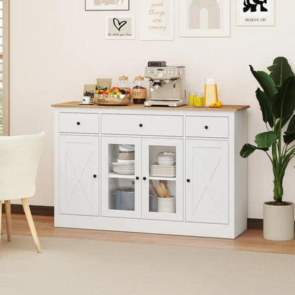 55" Large Buffet Sideboard Kitchen Storage Cabinet with 3 Drawers 2 See-through Doors Adjustable Shelves Wine Bar Table-White Costway