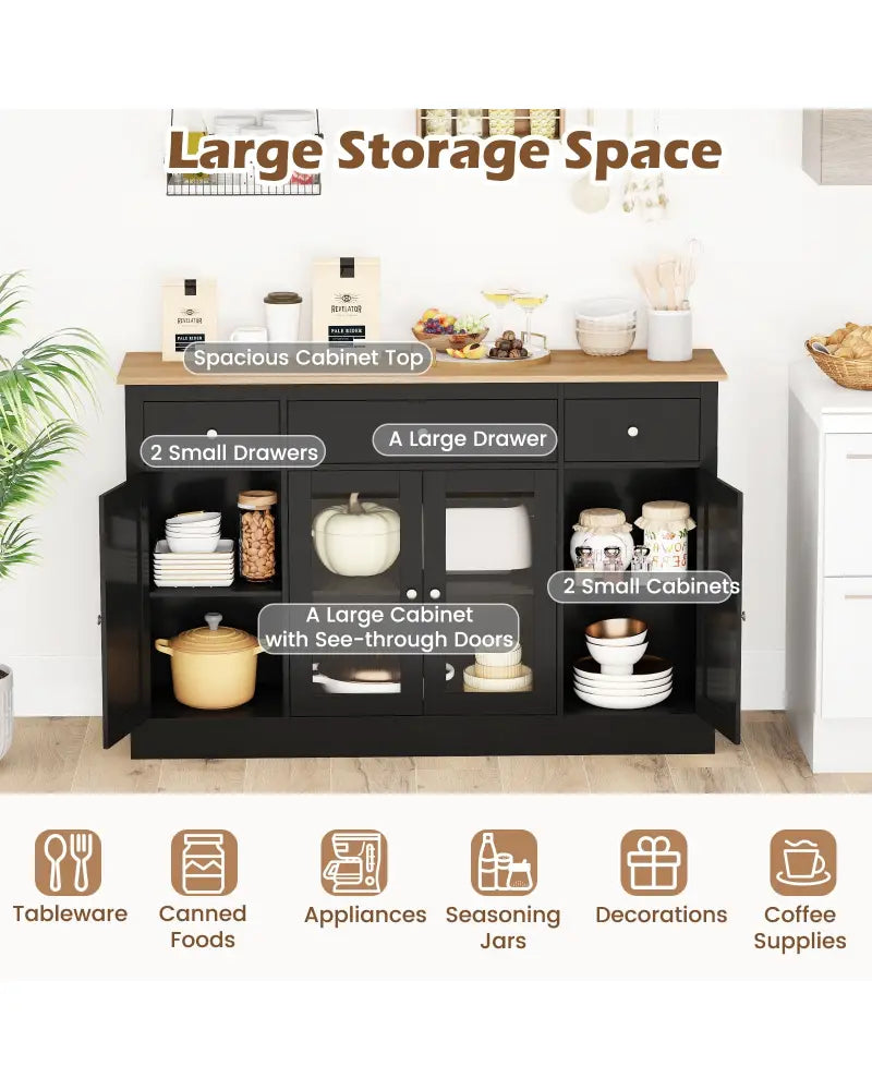 55’’ Large Buffet Sideboard Kitchen Storage Cabinet with 3 Drawers 2 See-through Doors Adjustable Shelves Wine Bar