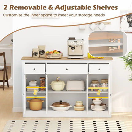 55" Large Buffet Sideboard Kitchen Storage Cabinet with 3 Drawers 2 See-through Doors Adjustable Shelves Wine Bar Table-White Costway