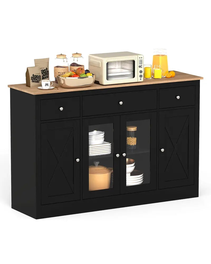 55’’ Large Buffet Sideboard Kitchen Storage Cabinet with 3 Drawers 2 See-through Doors Adjustable Shelves Wine Bar