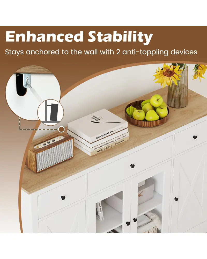 55’’ Large Buffet Sideboard Kitchen Storage Cabinet with 3 Drawers 2 See-through Doors Adjustable Shelves Wine Bar