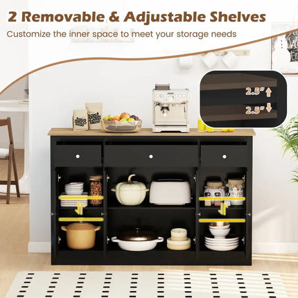 55" Large Buffet Sideboard Kitchen Storage Cabinet with 3 Drawers 2 See-through Doors Adjustable Shelves Wine Bar Table-Black Costway