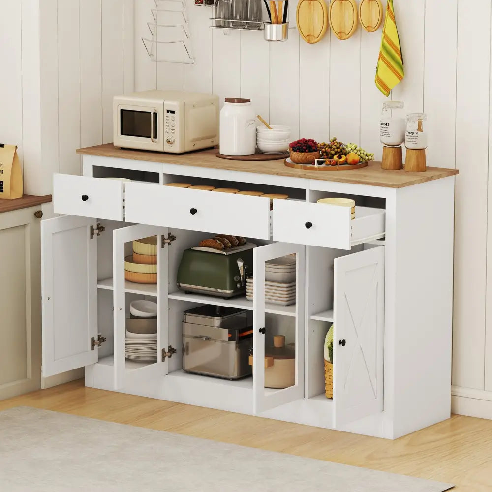 55’’ Large Buffet Sideboard Kitchen Storage Cabinet with 3 Drawers 2 See-through Doors Adjustable Shelves Wine Bar