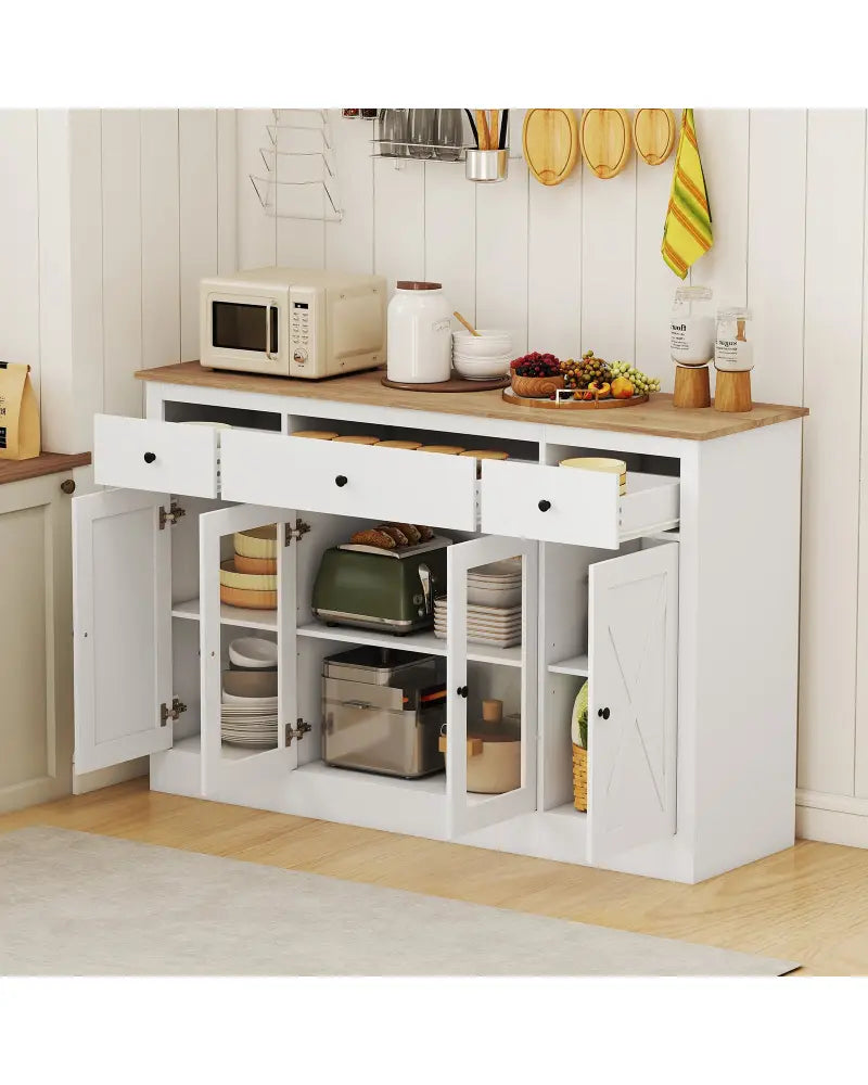 55’’ Large Buffet Sideboard Kitchen Storage Cabinet with 3 Drawers 2 See-through Doors Adjustable Shelves Wine Bar