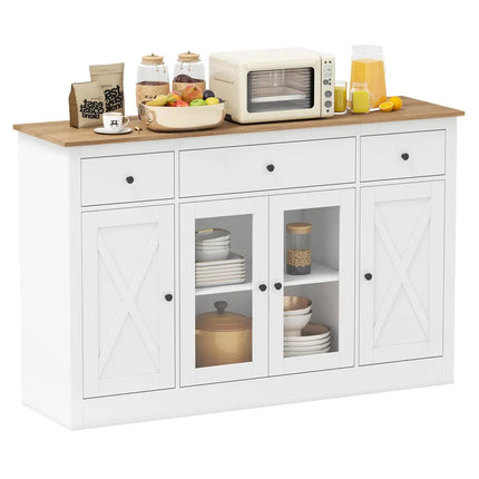 55" Large Buffet Sideboard Kitchen Storage Cabinet with 3 Drawers 2 See-through Doors Adjustable Shelves Wine Bar Table-White Costway