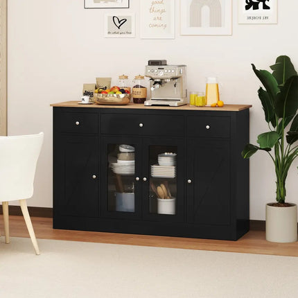 55" Large Buffet Sideboard Kitchen Storage Cabinet with 3 Drawers 2 See-through Doors Adjustable Shelves Wine Bar Table-Black Costway