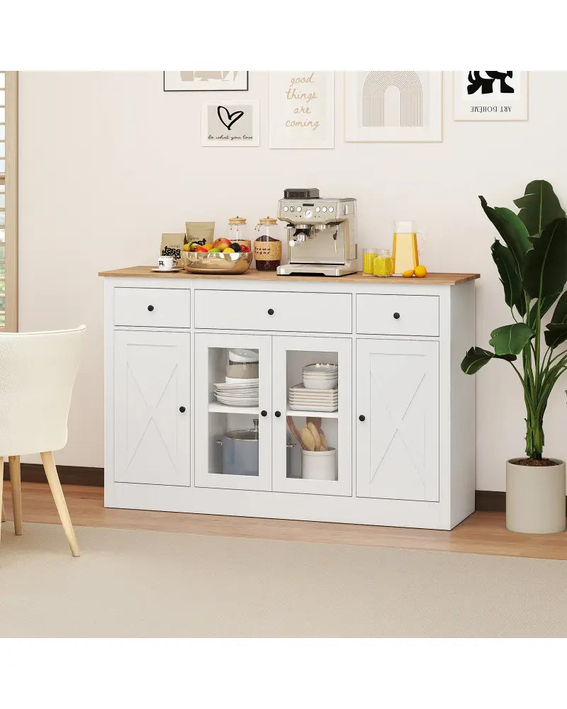 55’’ Large Buffet Sideboard Kitchen Storage Cabinet with 3 Drawers 2 See-through Doors Adjustable Shelves Wine Bar