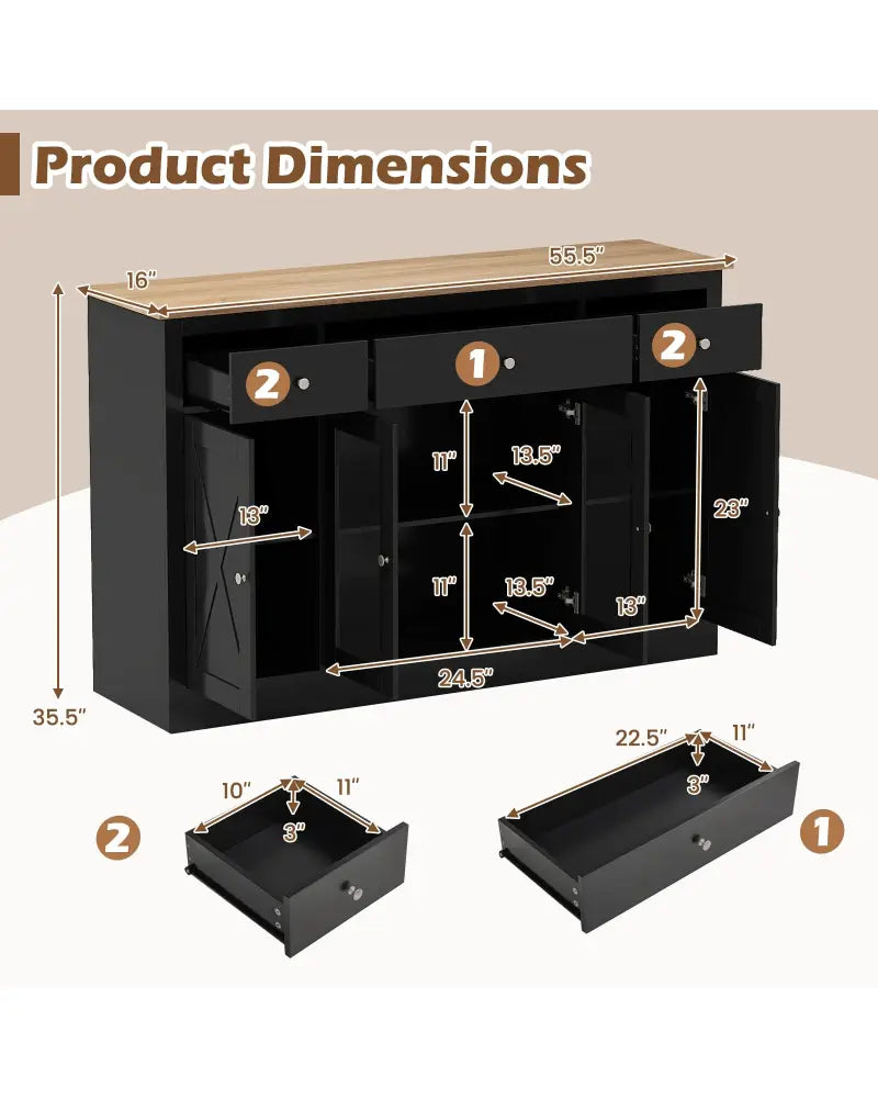 55’’ Large Buffet Sideboard Kitchen Storage Cabinet with 3 Drawers 2 See-through Doors Adjustable Shelves Wine Bar