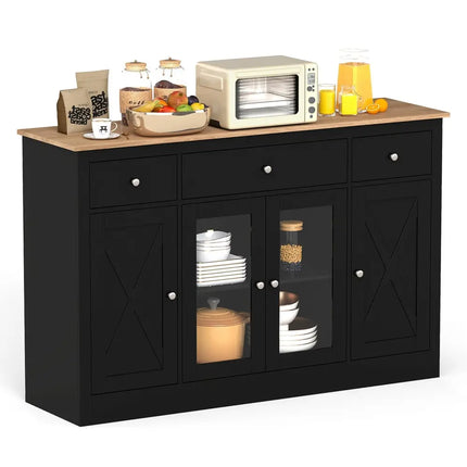 55" Large Buffet Sideboard Kitchen Storage Cabinet with 3 Drawers 2 See-through Doors Adjustable Shelves Wine Bar Table-Black Costway