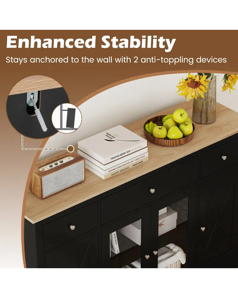 55’’ Large Buffet Sideboard Kitchen Storage Cabinet with 3 Drawers 2 See-through Doors Adjustable Shelves Wine Bar