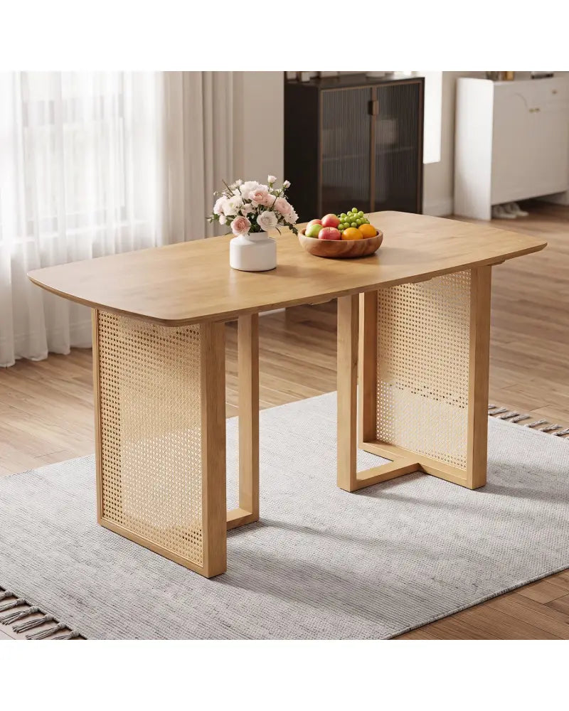 55’’ Solid Rubber Wood Dining Table Set Boho Rectangular Dining Table with 2 Benches-Natural - Natural - Dining Room