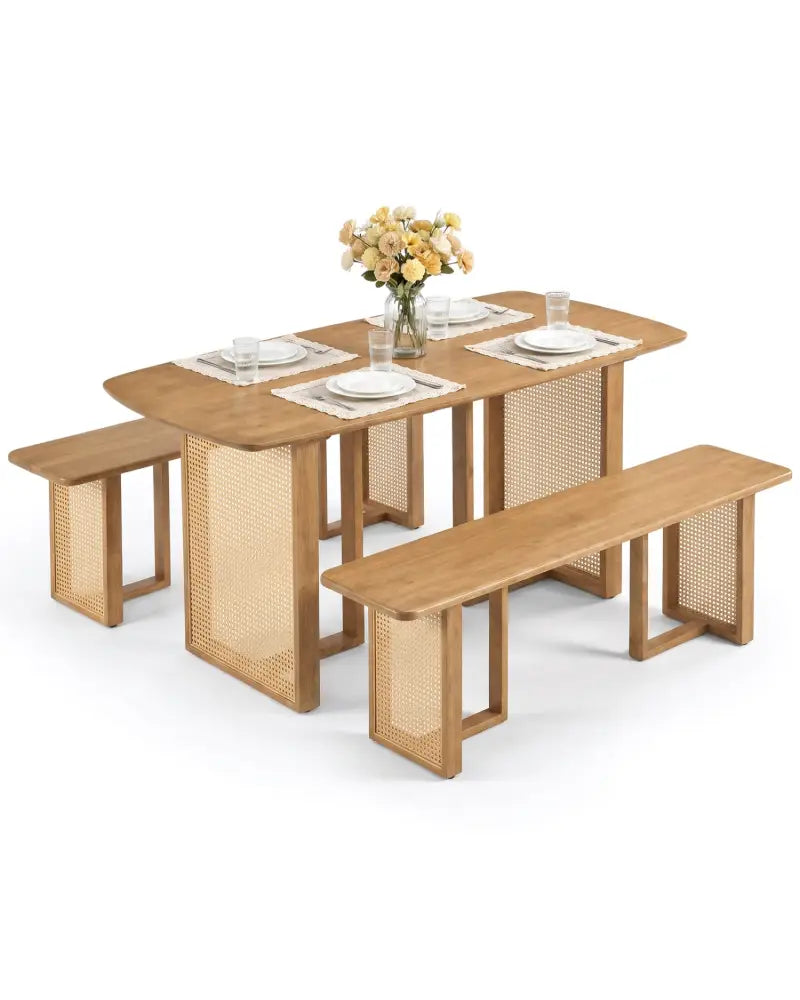 55’’ Solid Rubber Wood Dining Table Set Boho Rectangular Dining Table with 2 Benches-Natural - Natural - Dining Room
