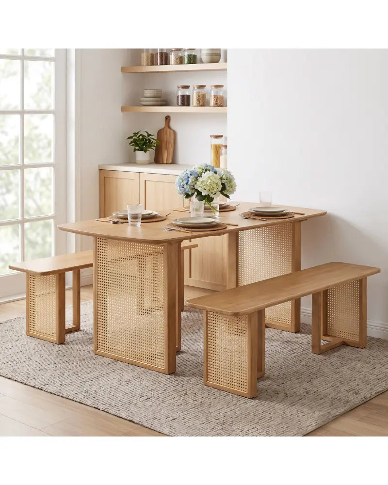 55’’ Solid Rubber Wood Dining Table Set Boho Rectangular Dining Table with 2 Benches-Natural - Natural - Dining Room