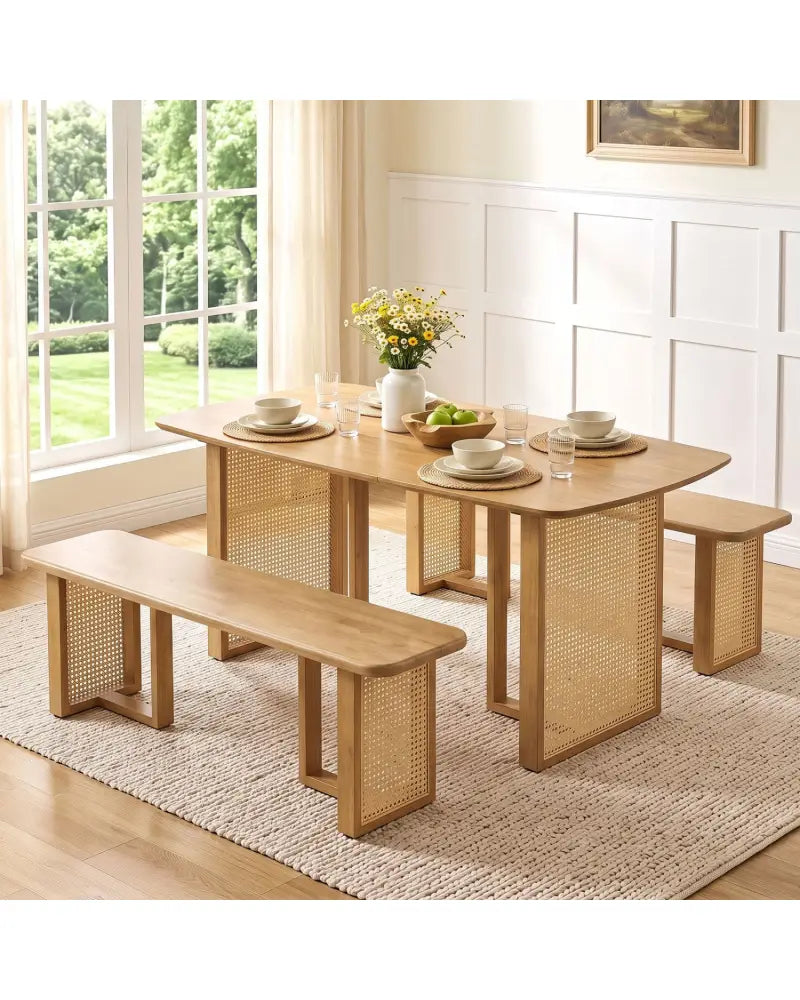 55’’ Solid Rubber Wood Dining Table Set Boho Rectangular Dining Table with 2 Benches-Natural - Natural - Dining Room