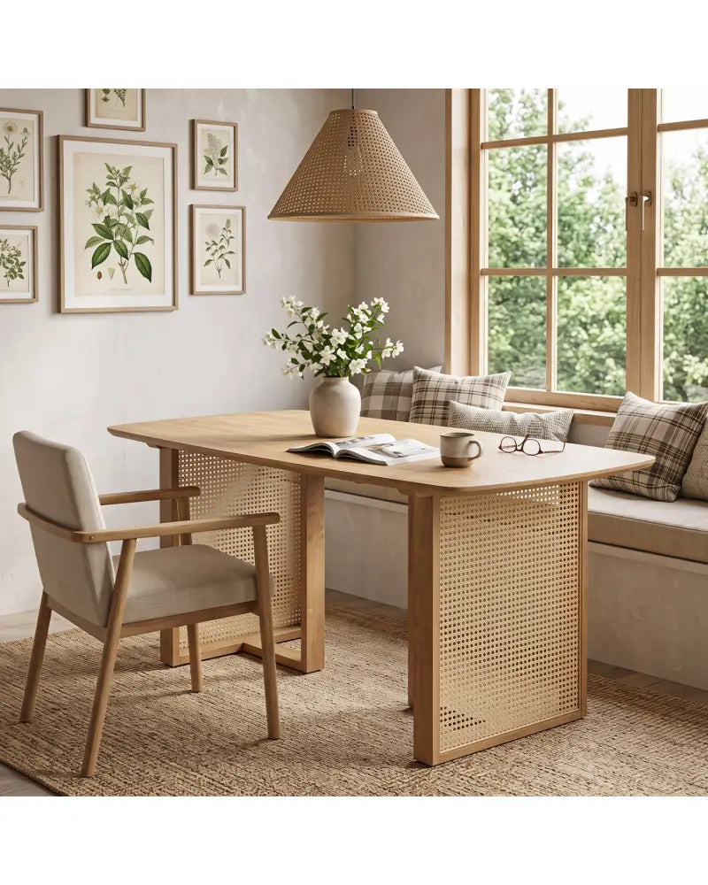 55’’ Solid Rubber Wood Dining Table Set Boho Rectangular Dining Table with 2 Benches-Natural - Natural - Dining Room