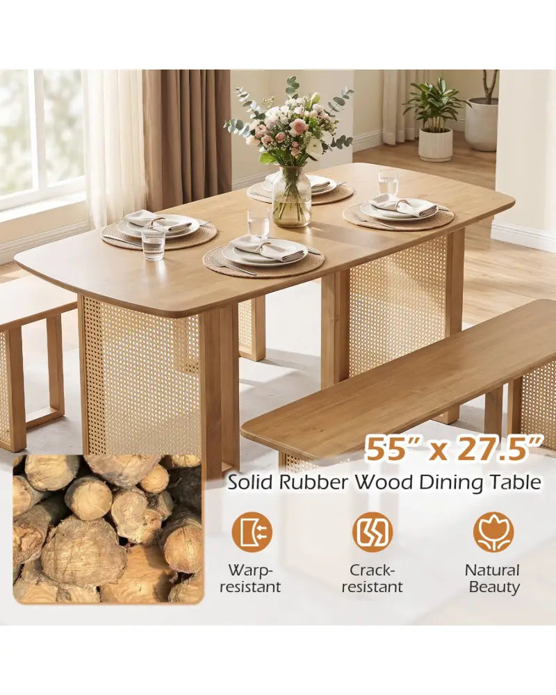 55’’ Solid Rubber Wood Dining Table Set Boho Rectangular Dining Table with 2 Benches-Natural - Natural - Dining Room
