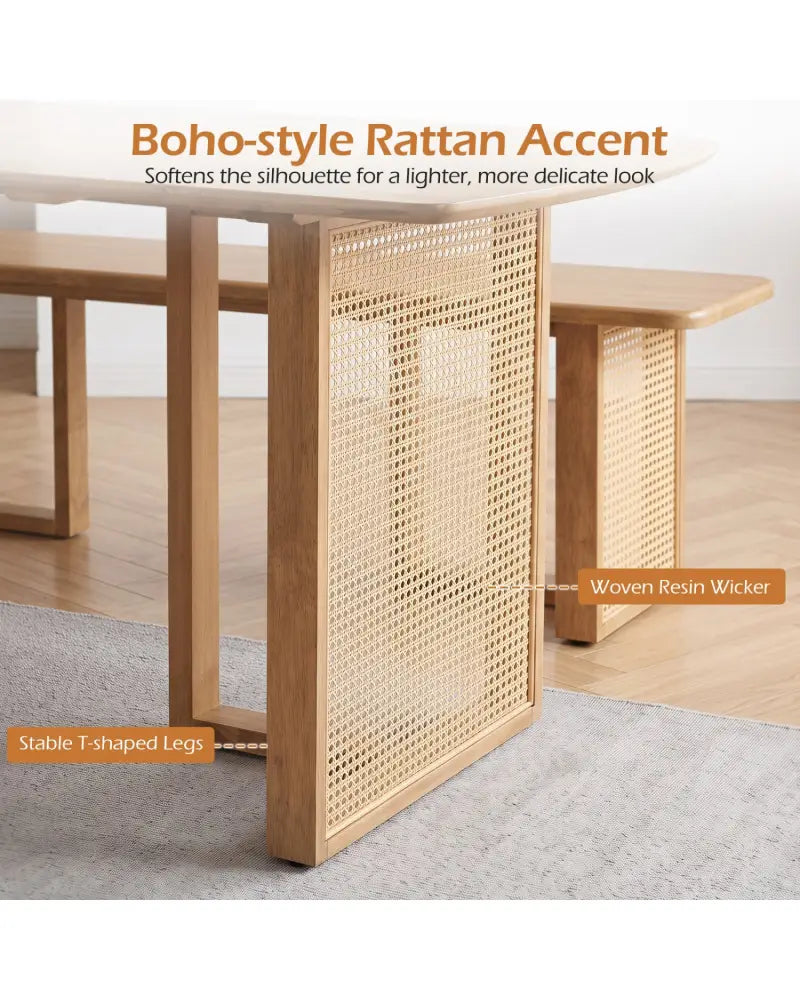 55’’ Solid Rubber Wood Dining Table Set Boho Rectangular Dining Table with 2 Benches-Natural - Natural - Dining Room