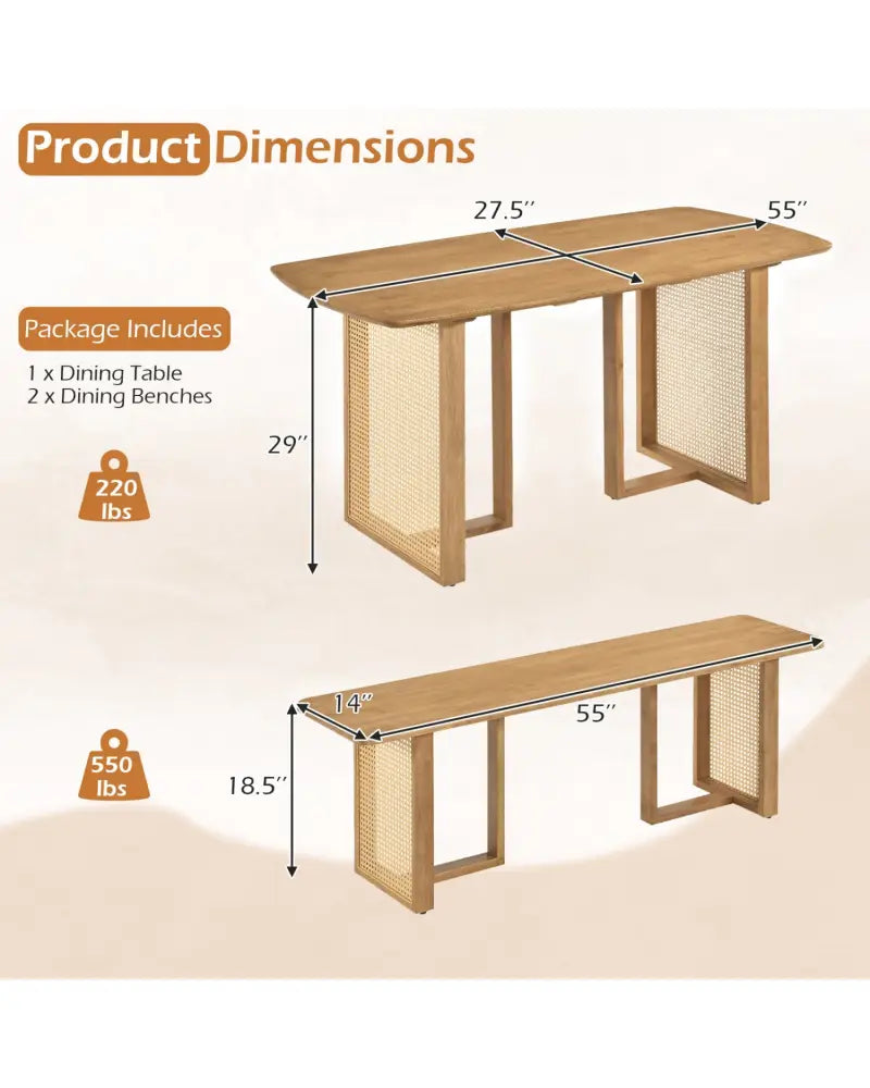 55’’ Solid Rubber Wood Dining Table Set Boho Rectangular Dining Table with 2 Benches-Natural - Natural - Dining Room