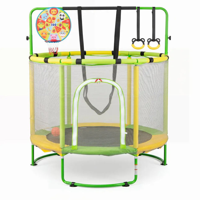 55’’ Trampoline for Kids with Adjustable Gymnastics Bar and Basketball Hoop for 3+-Yellow - Yellow - Trampolines