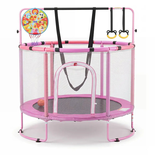 55’’ Trampoline for Kids with Adjustable Gymnastics Bar and Basketball Hoop for 3+-Purple - Purple - Trampolines