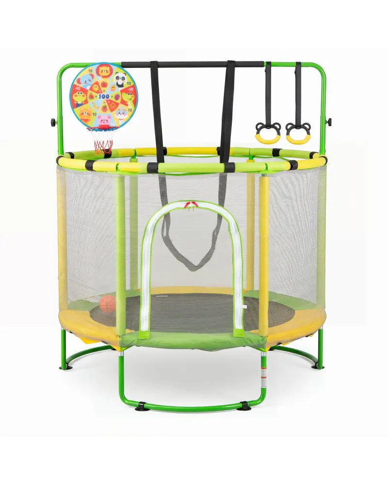 55’’ Trampoline for Kids with Adjustable Gymnastics Bar and Basketball Hoop for 3+-Yellow - Yellow - Trampolines