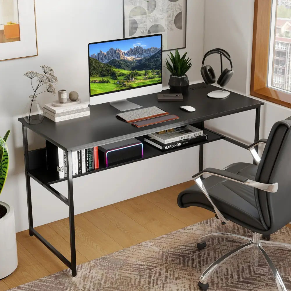 55 x 24 inch Computer Desk with Power Outlets and USB Ports-Black - Black - Computer Desks