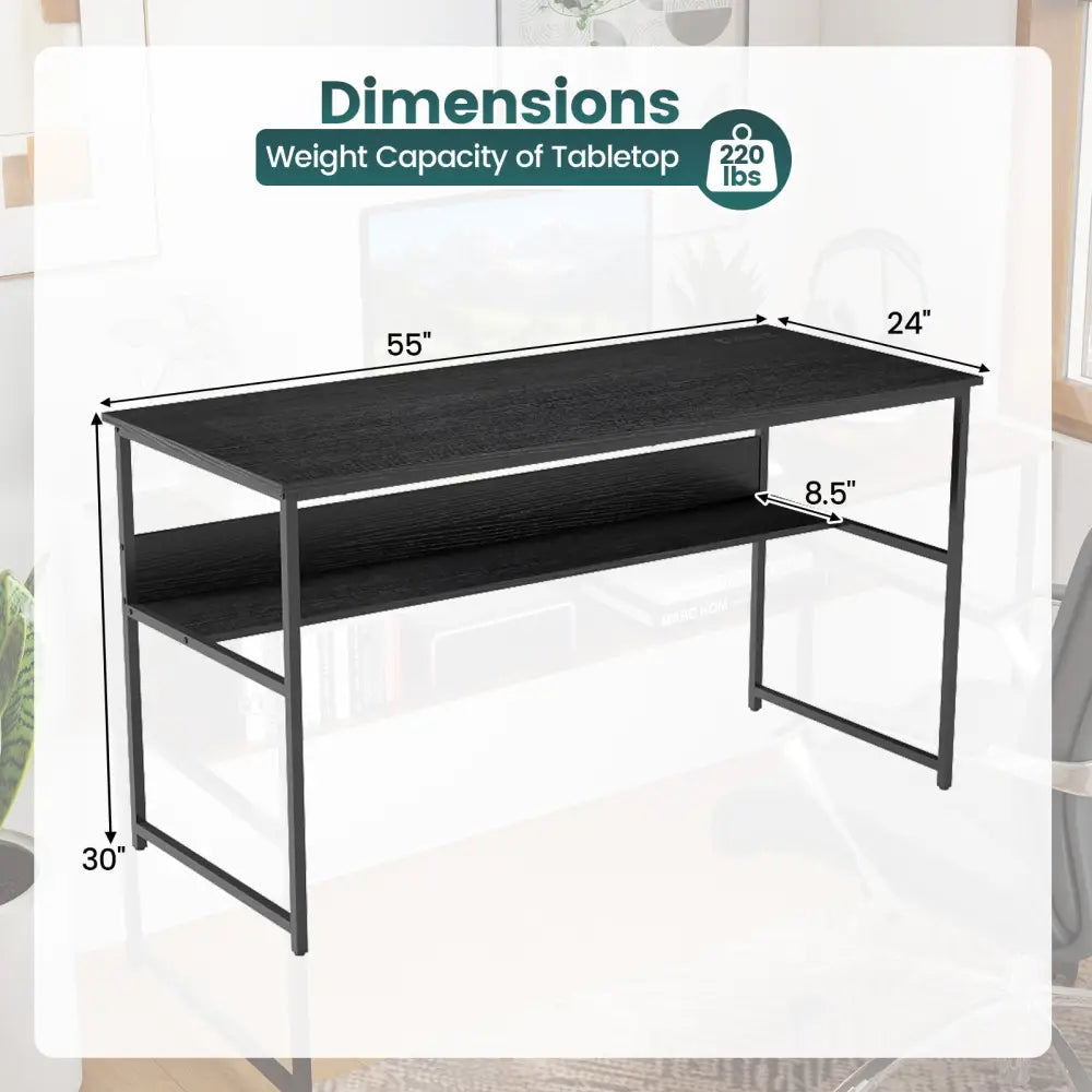 55 x 24 inch Computer Desk with Power Outlets and USB Ports-Black - Black - Computer Desks