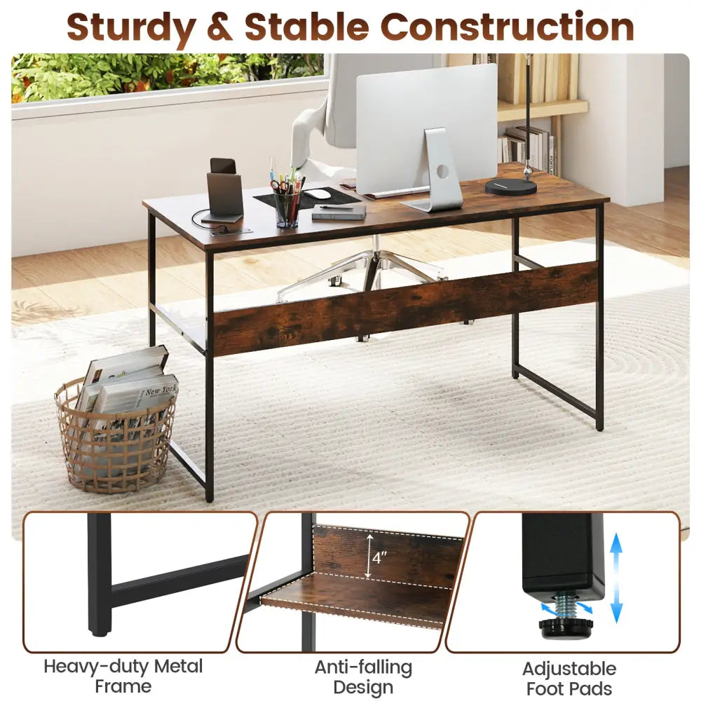 55 x 24 inch Computer Desk with Power Outlets and USB Ports-Rustic Brown - Rustic Brown - Computer Desks