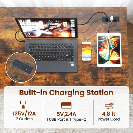 55 x 24 inch Computer Desk with Power Outlets and USB Ports-Rustic Brown Costway