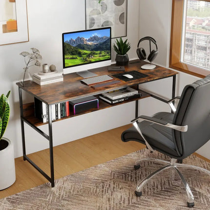 55 x 24 inch Computer Desk with Power Outlets and USB Ports-Rustic Brown Costway