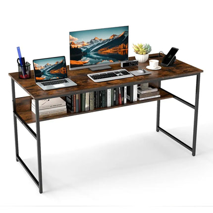 55 x 24 inch Computer Desk with Power Outlets and USB Ports-Rustic Brown Costway