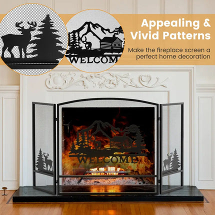 55 x 29.5 Inch Fireplace Screen with Natural Scenery and Moose Pattern-Black - Black - Fireplace Tools