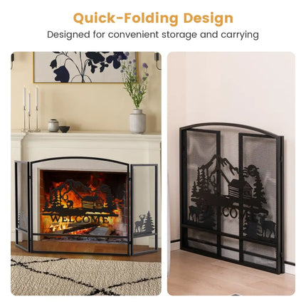 55 x 29.5 Inch Fireplace Screen with Natural Scenery and Moose Pattern-Black - Black - Fireplace Tools