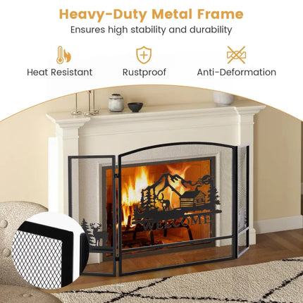 55 x 29.5 Inch Fireplace Screen with Natural Scenery and Moose Pattern-Black - Black - Fireplace Tools