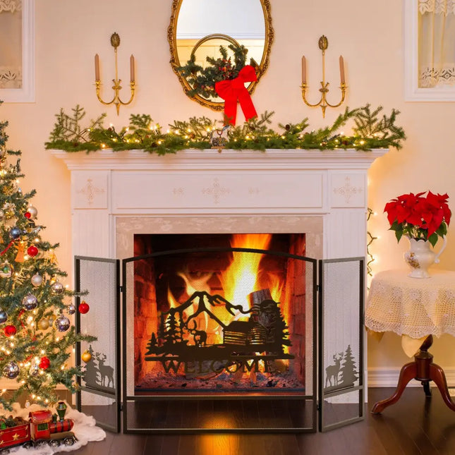 55 x 29.5 Inch Fireplace Screen with Natural Scenery and Moose Pattern-Black - Black - Fireplace Tools