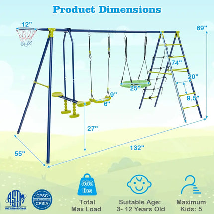 550 LBS 6-in-1 Patio Kids Swing Set with Climbing Net and Ladder-Green - Green - Swing & Playsets